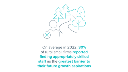 <center>[Image text] On average in 2022, 30% of rural small firms reported finding appropriately skilled staff as the greatest barrier to their future growth aspirations
 </center>