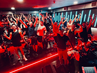 A group shot of a spinder exercise class